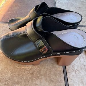 Elegant Black Leather Mules with Tan Soles size 8.5